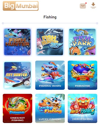 One image shows big mumbai fishing game list including 'BigMumbai Fishing FISH HUNTER FISH HUNTER 3D FISH PARK SKY HUNTER FISHING WARS PARADISE ONESHOT FISHING LUCKY FISHING HERO FISHING'