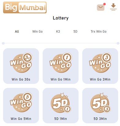 One image shows Big mumbai Lottery list including 'Lottery Win Go 30s Win Go 1 Min Win Go 3Min Win Go 5Min 5D 1Min 5D 3Min'