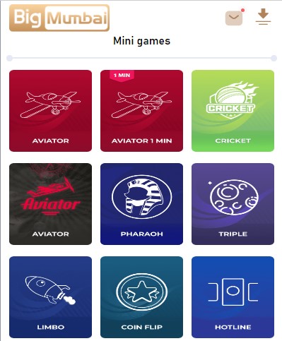 One image shows nine types big mumbai mini games including 'AVIATOR AVAITOR 1 MIN CRICKET PHARAOH TRIPLE LIMBO COIN FLIP HOTLINE'